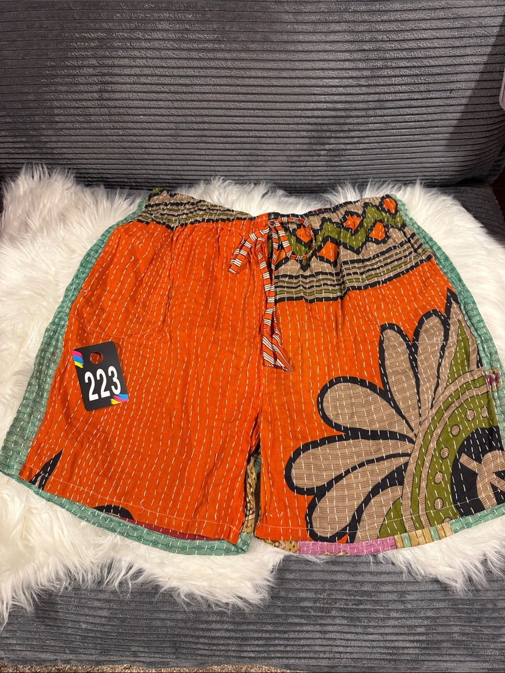 223 KANTHA Shorts 16-20” Waist REVERSABLE wearable Art Lightweight size friendly